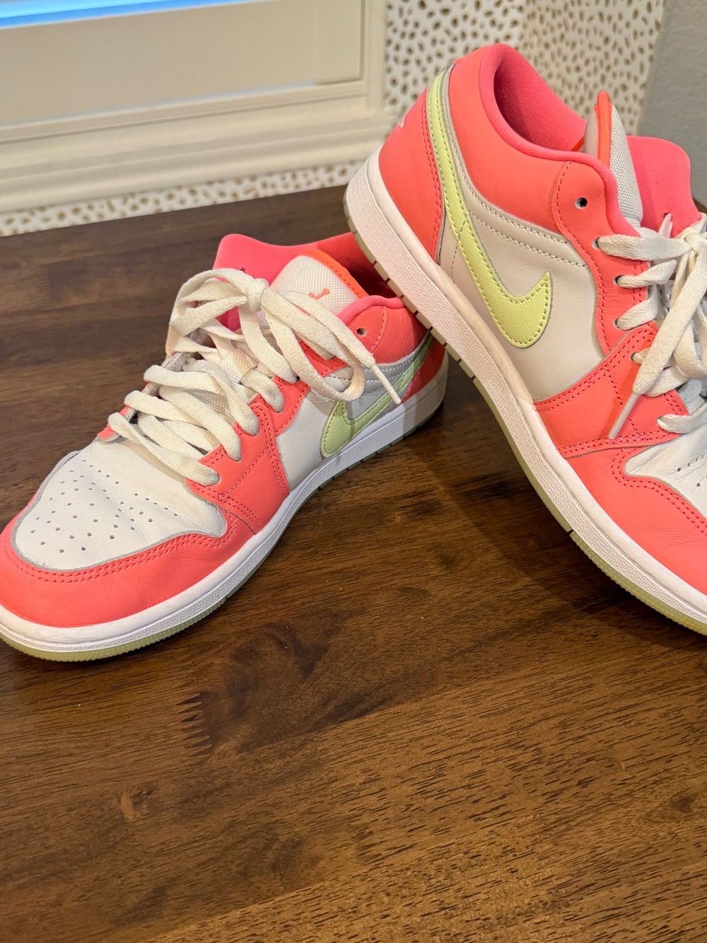 Nike Women's Low-Top Sneakers in Coral and Cream with Yellow Swoosh